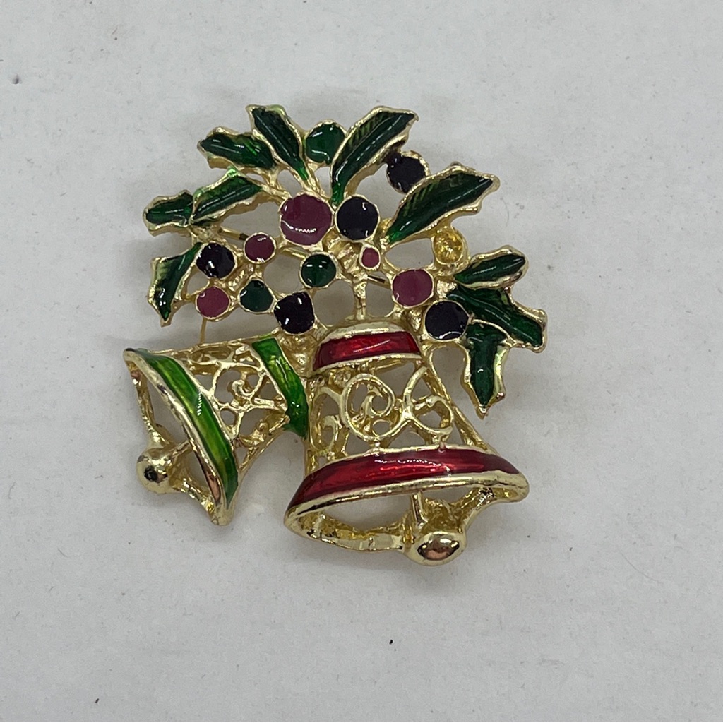 Christopher Radko Brooch Pin Christmas Enamel Bells Holly Gold Tone Holiday